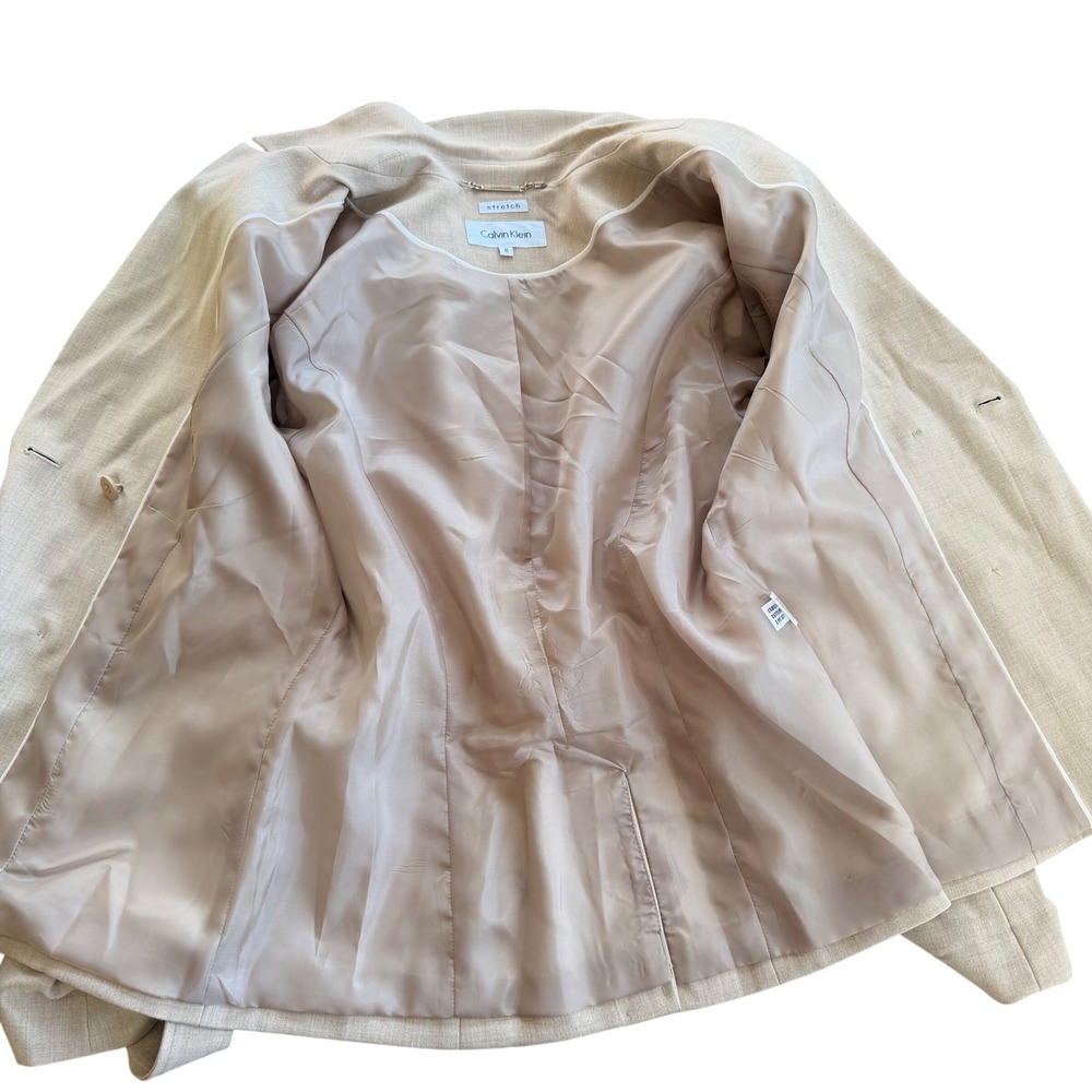 Calvin Klein Beige Stretch 2 Piece Skirt Suit Double Breasted Belted Women's 8 - Picture 6 of 11